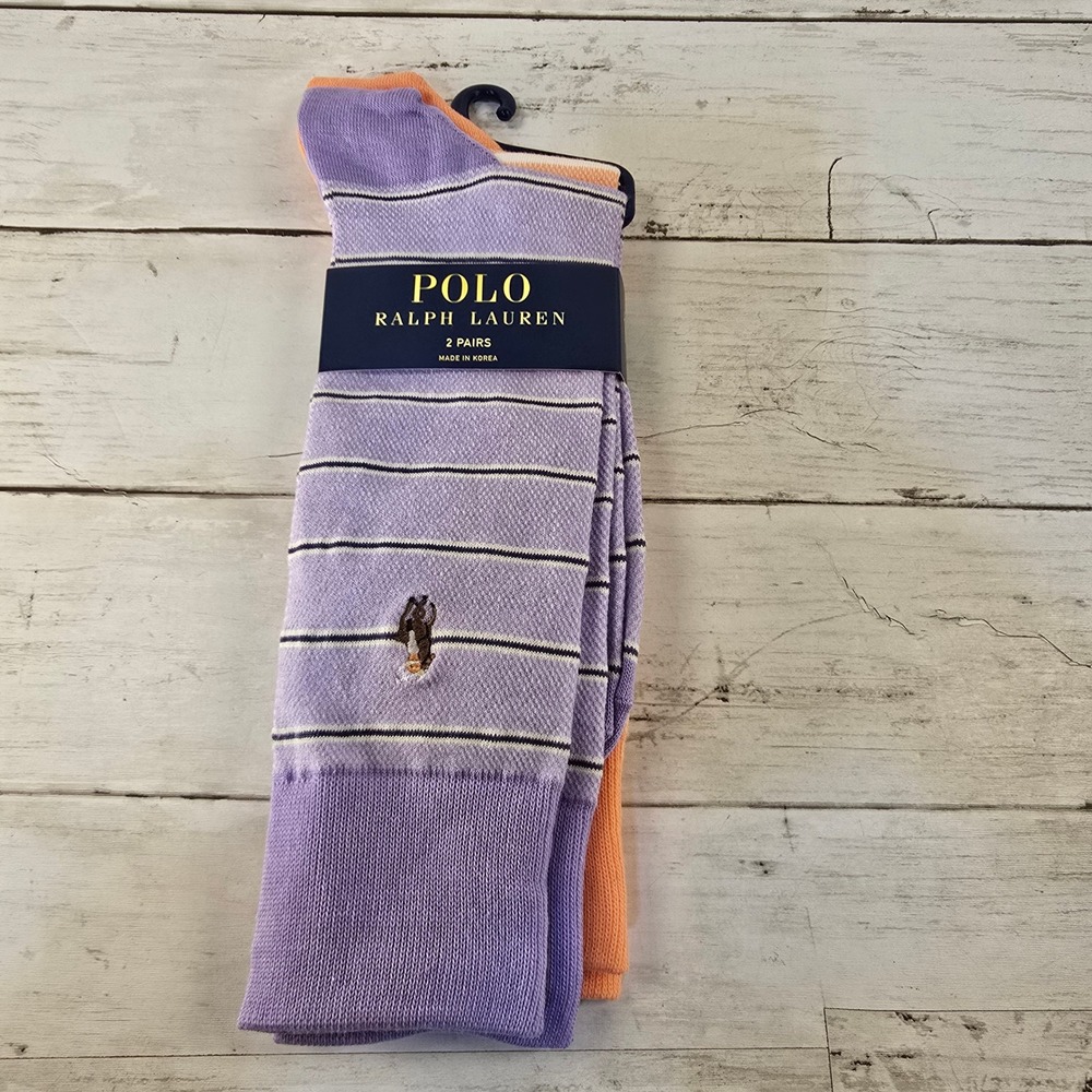 Polo Ralph Lauren Mens 2 Pair Crew Socks Purple Orange Striped Pony Logo NEW
